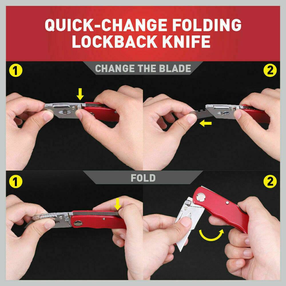 Two folding utility knives with aluminium handles and ten additional Stanley blades for crafts and DIY tasks.