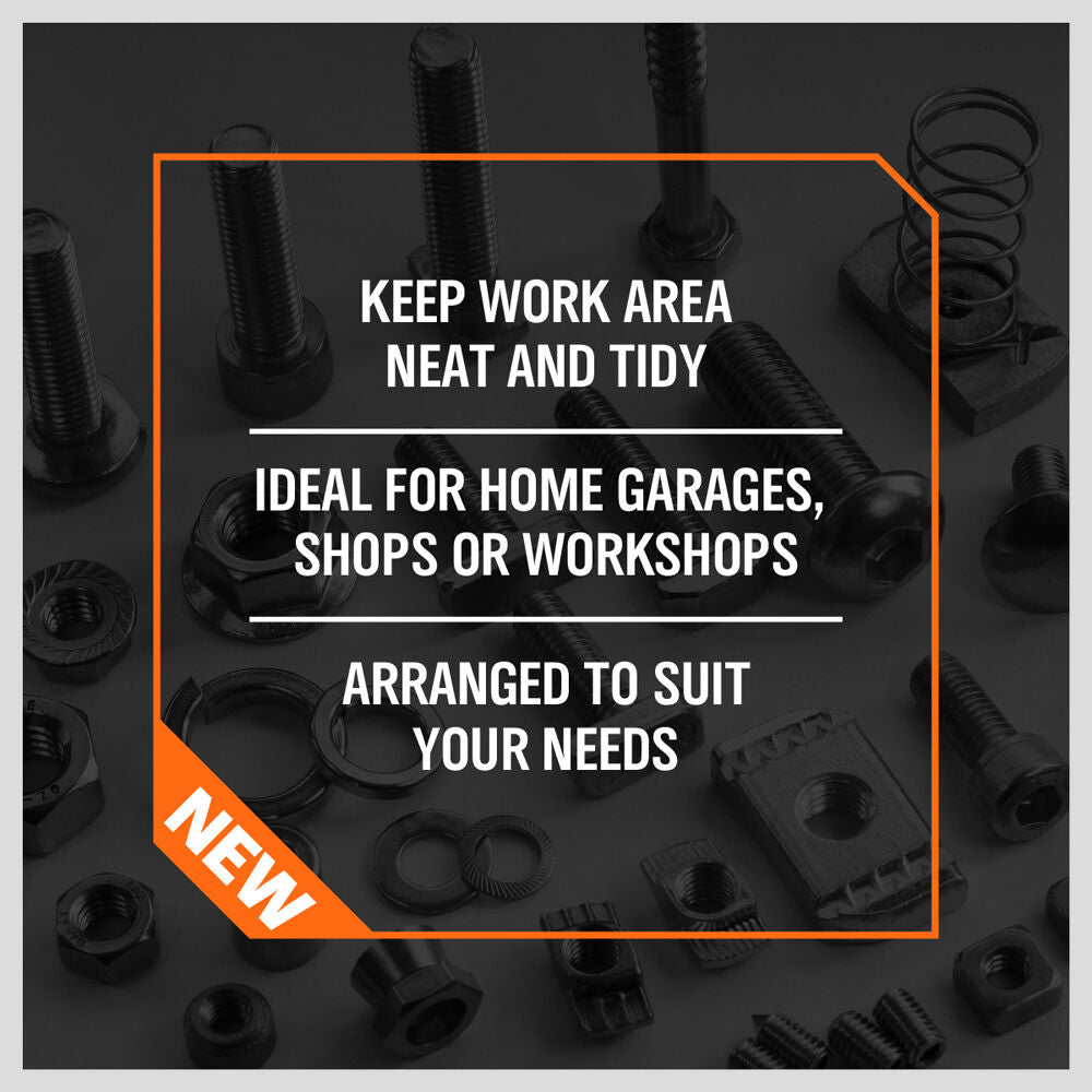 Heavy-duty 39-drawer cabinet set with anti-skid pads, mounting options and durable build for functionally organizing high volumes of tools, parts and industrial/commercial supplies in work environments.