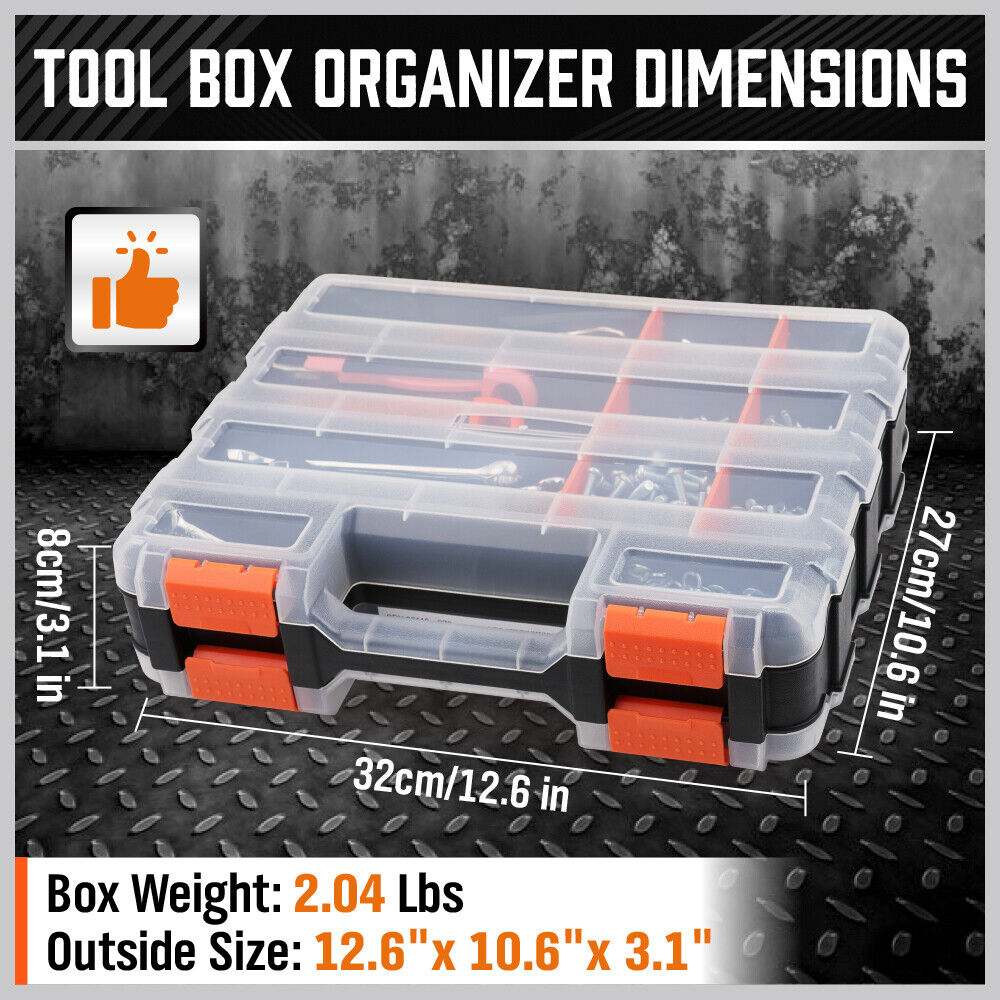 HORUSDY Double-Sided Tool Box with 34 Compartments, Removable Dividers, and Durable Impact-Resistant Design