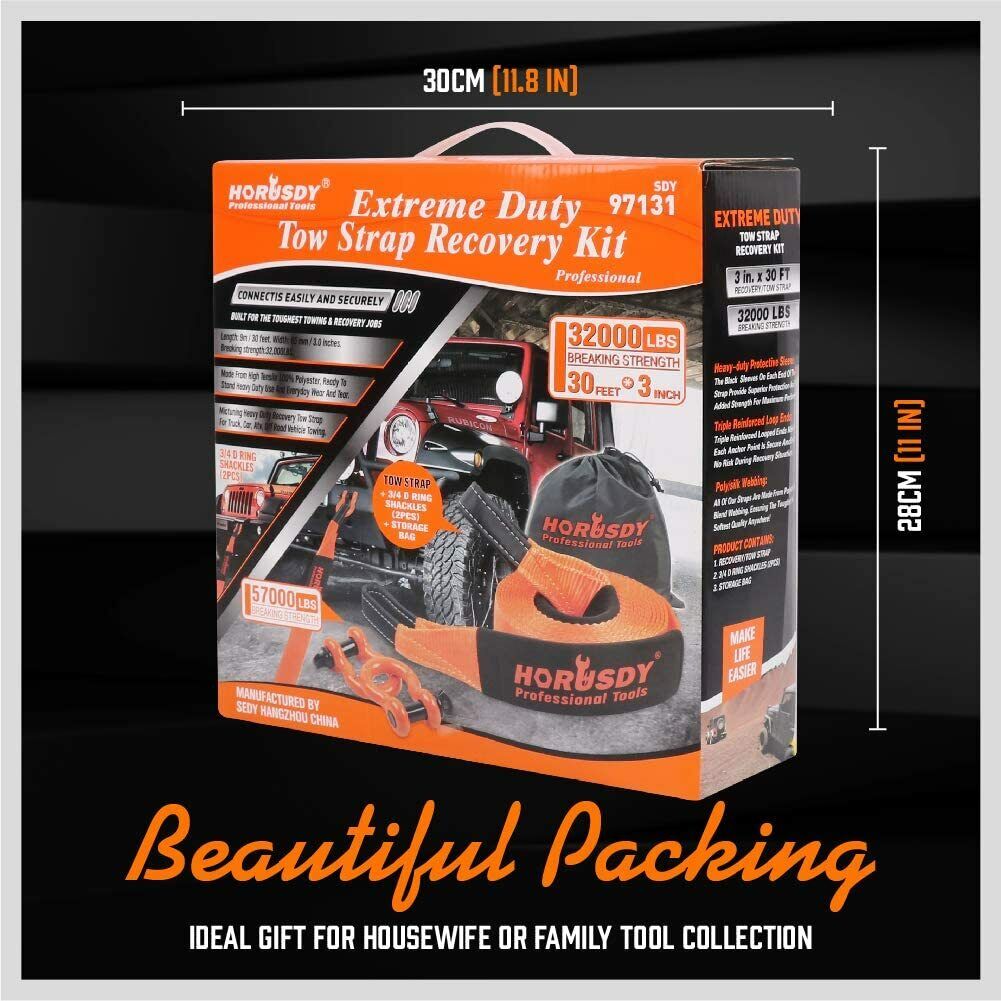 Heavy Duty 9.1M Recovery Tow Straps Snatch Kit - 32,000 LBS Break Strength - D-Ring Shackles Included - Reliable Recovery Solution