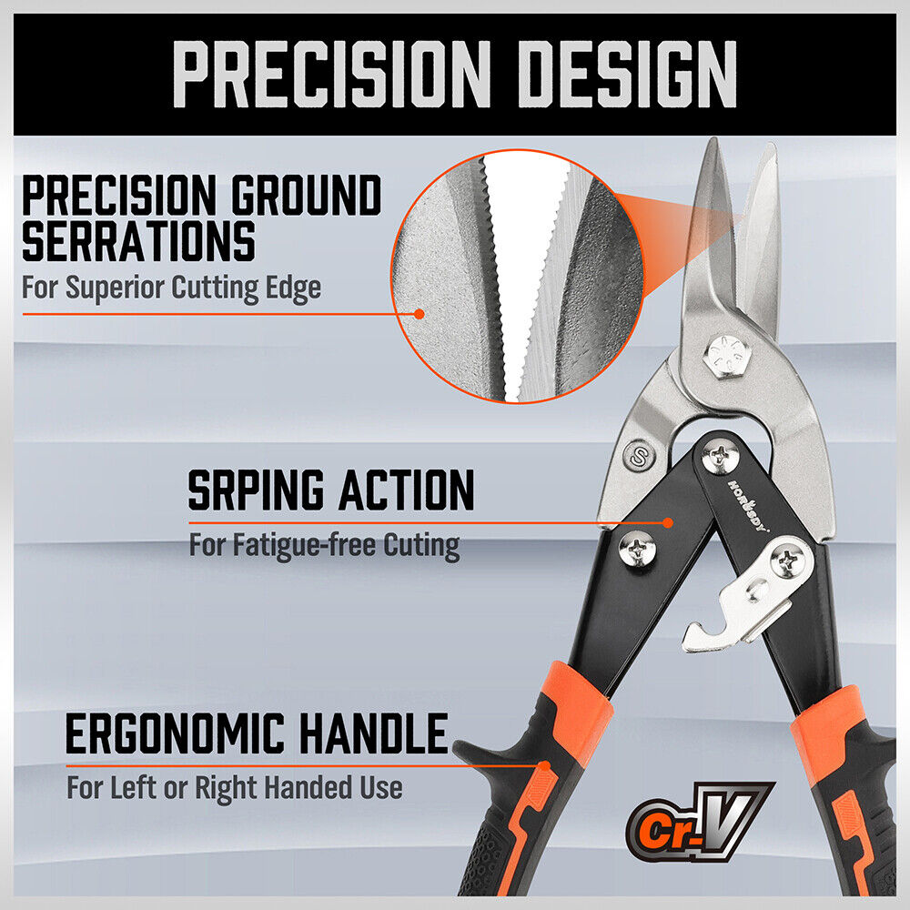 HORUSDY 250mm Aviation Tin Snips Set with Left, Right, and Straight Cutters, featuring High-Leverage, Serrated-Edge Blades for Metal and Steel Sheet Cutting