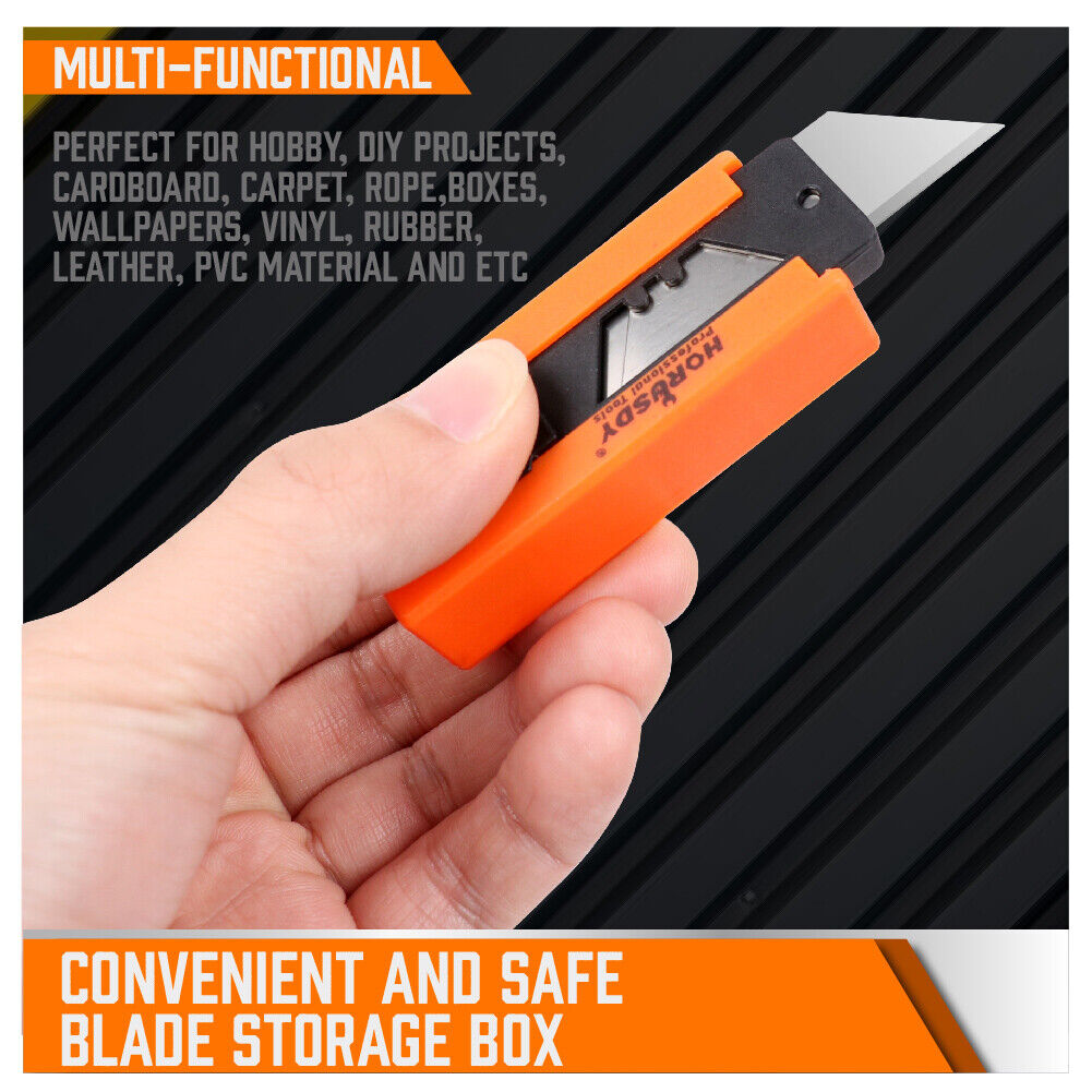 Set of 4 utility knives with snap-off blades, featuring retractable grip handles and a pack of 10 spare blades. Ideal for daily use in cutting cardboard, paper, wires, PVC, and crafts