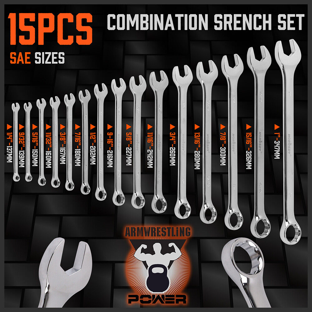 HORUSDY 15-Piece Imperial Spanner Set, SAE Ring/Open End Wrench, Chrome Vanadium Steel, Nickel Chrome Plated with Mirror Polish Finish