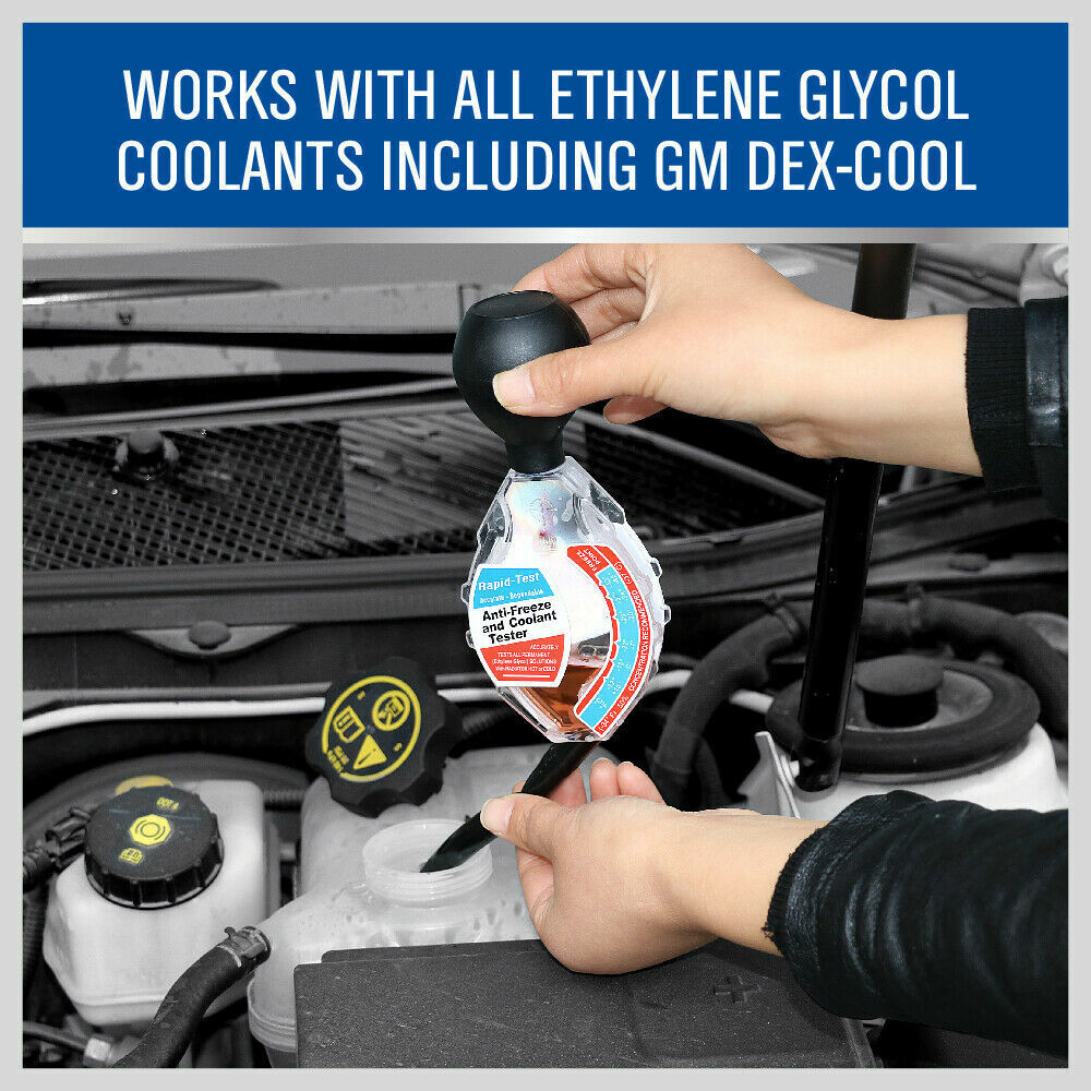 Dial-type radiator coolant tester for measuring ethylene glycol strength with a temperature adjustment scale.