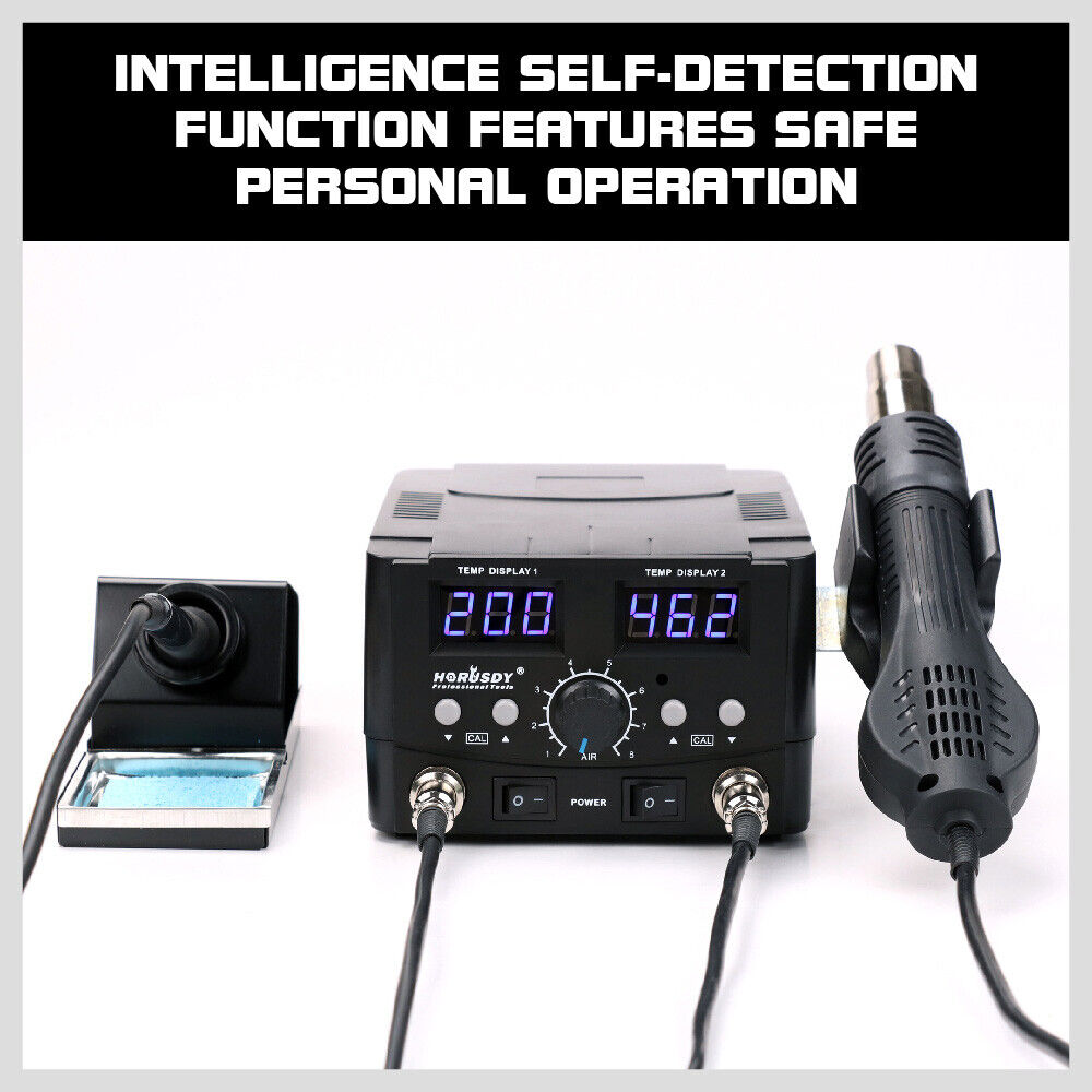 Professional 2-in-1 soldering and desoldering station equipped with a precision hot air gun and soldering iron, featuring dual digital LCD displays for accurate temperature control