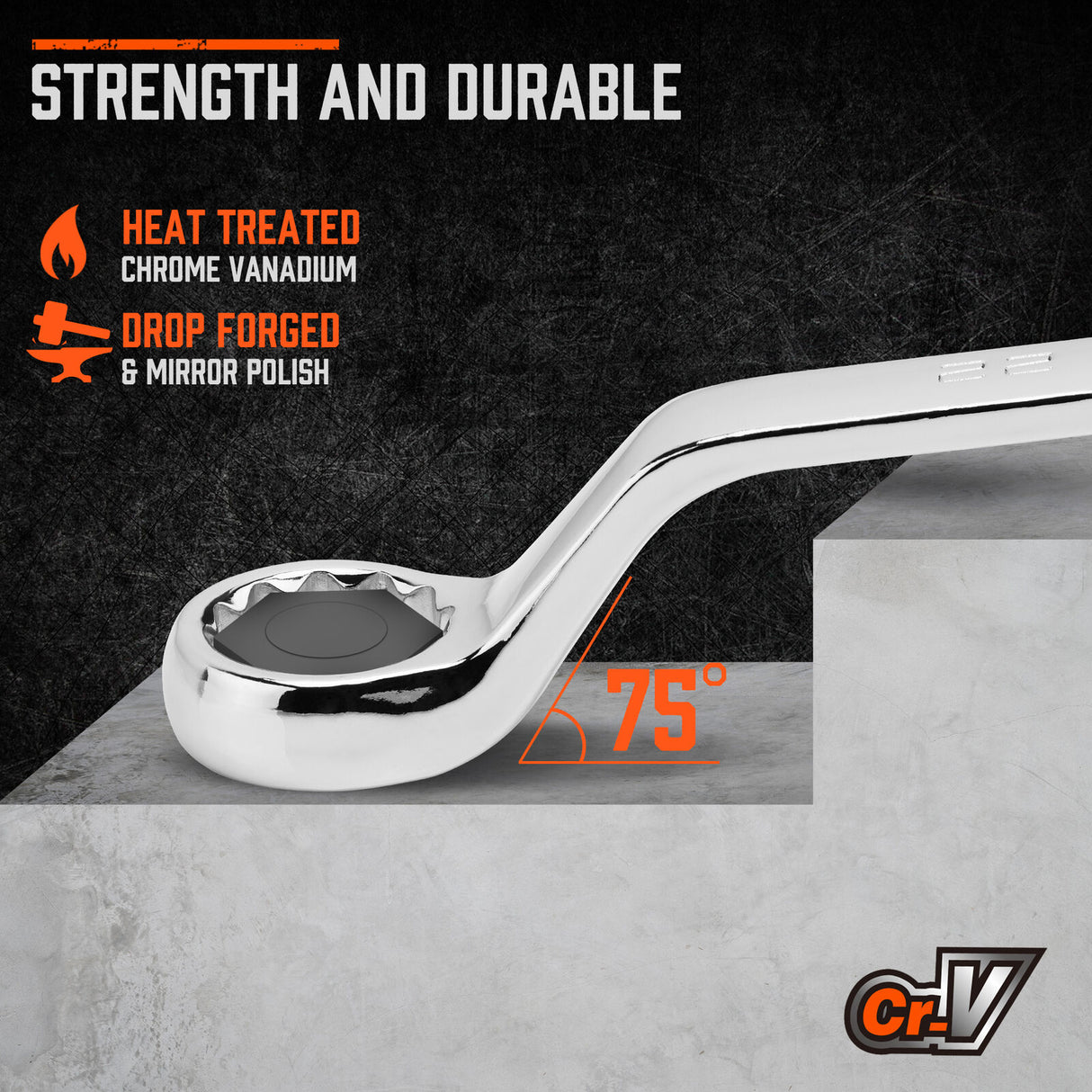 A complete set of 9 metric HORUSDY spanners with 75-degree offset and double box ends, displayed with a mirror finish for durability and precision.