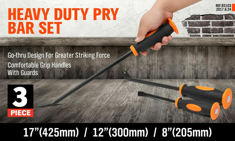 Robust 3-Piece Impact Pry Bar Set with go-through design for optimal striking force and comfort grip handles with guards for secure handling.