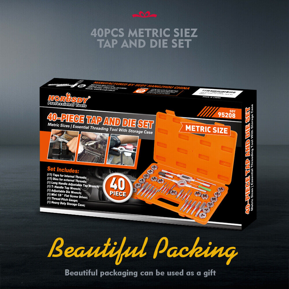 Durable 40 Piece Tap and Die Set in Metric Sizes with Screwdriver Thread Drill and Pitch Gauge