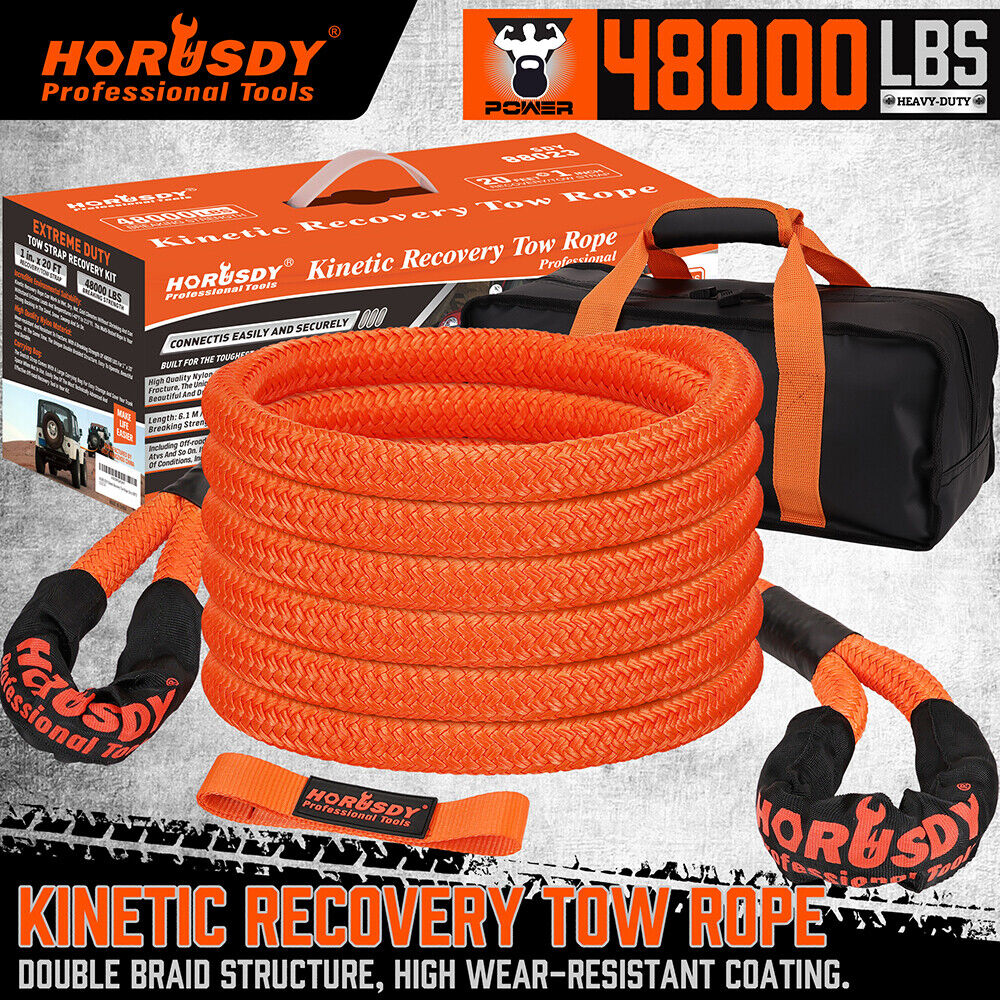 HORUSDY 20FT Heavy Duty Tow Rope, 6.1M Length, 48000 LBS Break Strength, Nylon N66 Kinetic Recovery Snatch Strap, Ideal for Off-Road Vehicle Recovery, with Durable Storage Bag