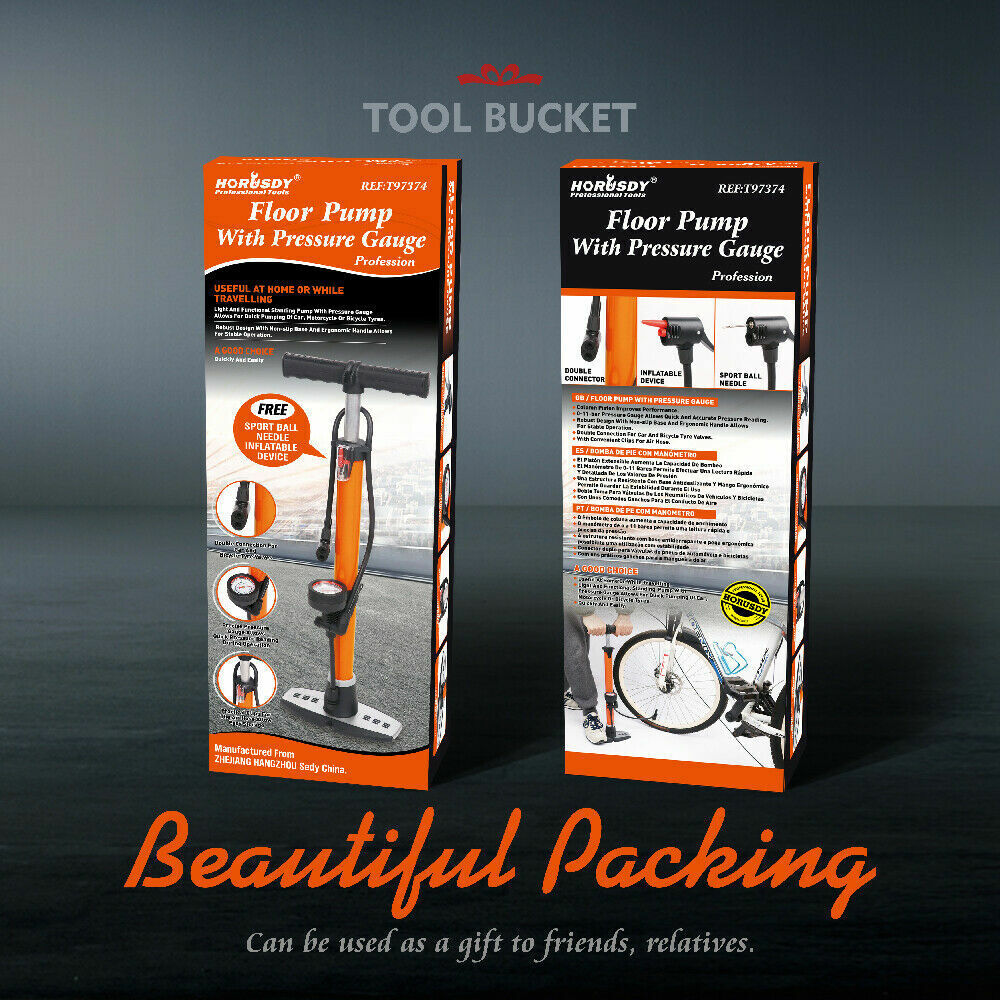 Durable High Pressure Bike Air Pump with Built-In Gauge - 160 PSI Capacity, Ergonomic Handle, Extra Long Hose, Includes Nozzles