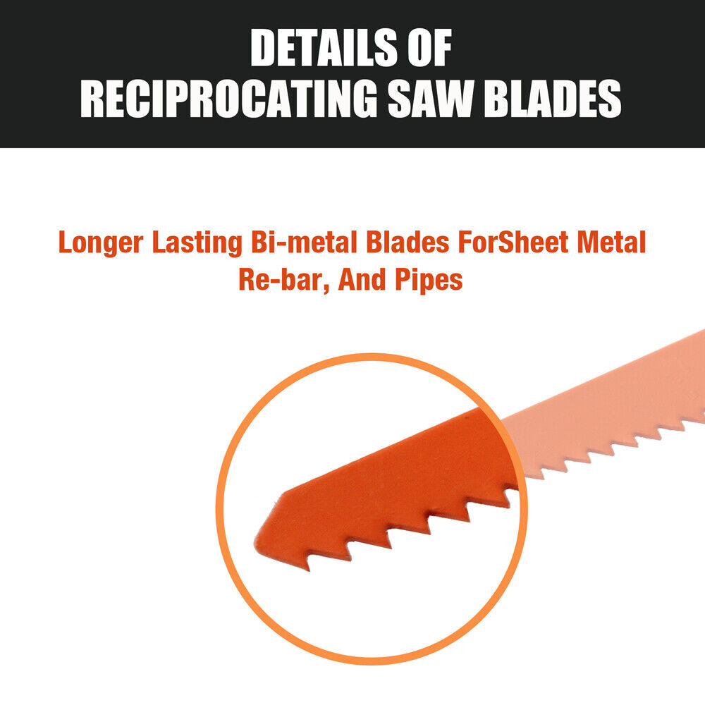 Multi-Pack of 10 Reciprocating Saw Blades for Wood and Metal Demolition Cutting, Including Bi-Metal and High-Carbon Steel Blades