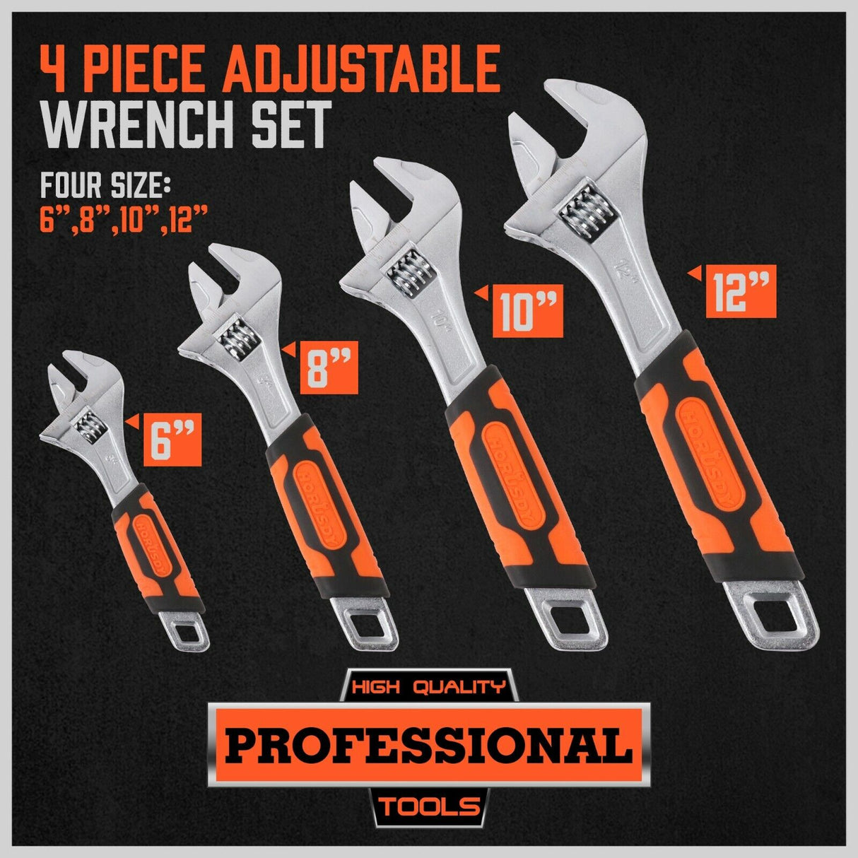 Set of Adjustable Wrenches in 6", 8", 10", 12" - Heavy Duty, Ergonomic DURAGRIP Handle, Chrome Vanadium Construction