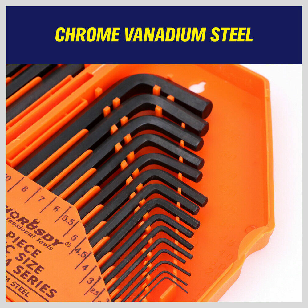 31-Piece Hex Key Set with T-Handle. Durable construction. Comprehensive metric and imperial sizes. Includes carrying case.