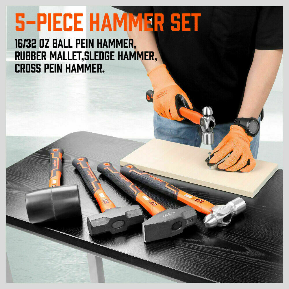 Comprehensive 5-Piece Hammer Set with TPR Grip Handles - Features Ball Pein, Rubber Mallet, Sledge, and Cross Pein Hammers