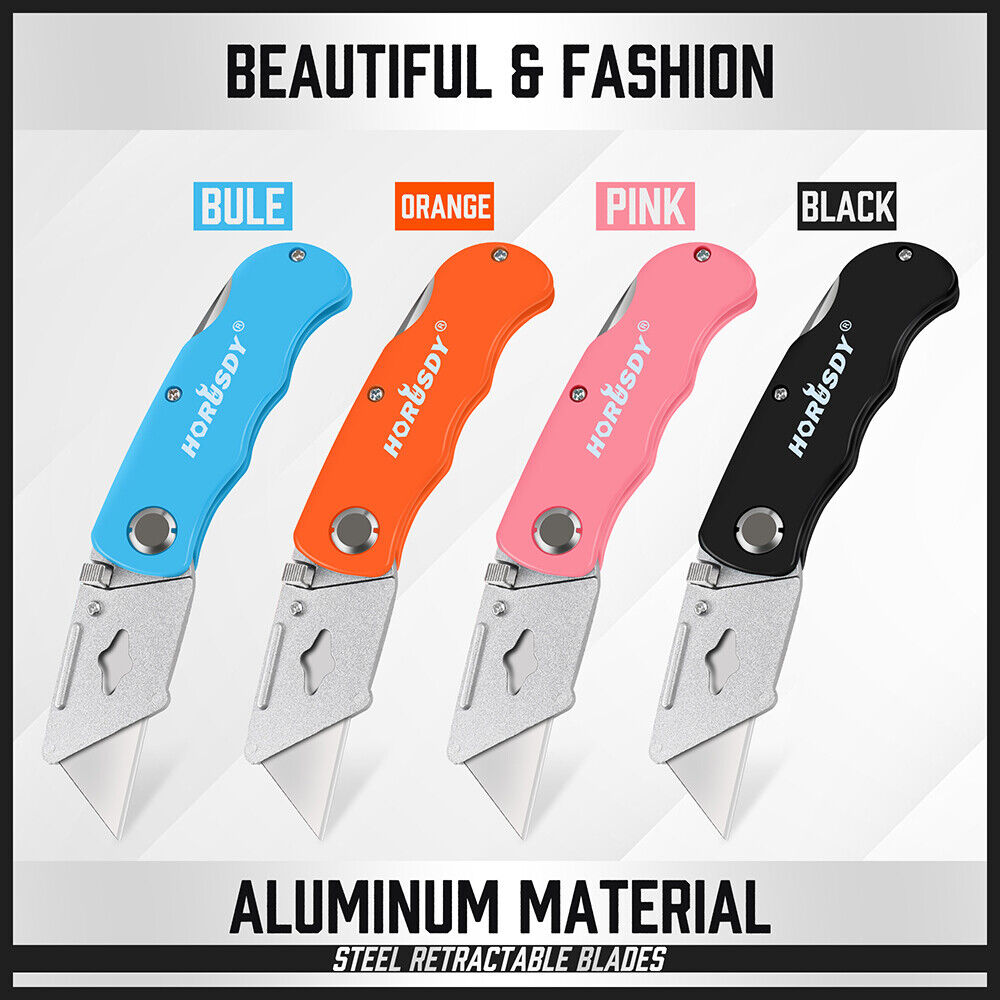Set of four folding utility knives in Black, Blue, Orange, and Pink colors, featuring quick-change mechanism and back-lock mechanism, ideal for DIY projects, cutting cardboard, carpet, and more. The set includes 10 extra SK5 material blades and a convenient storage carry bag