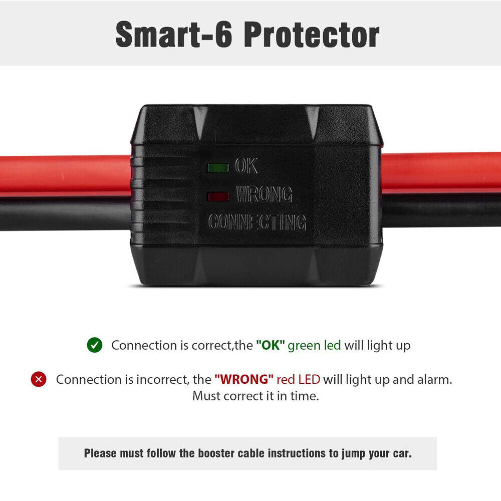 Heavy-duty 6M 3000AMP jumper leads with surge protection and smart alarm indicator for safe and efficient jump-starts.
