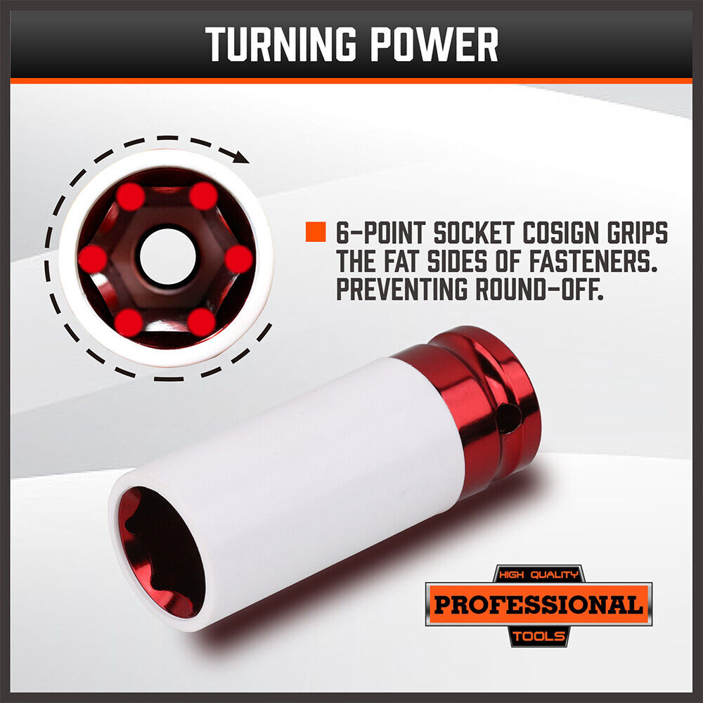 HORUSDY 5-Piece Impact Socket Set - Includes 15, 17, 19, 21, 22mm Sockets with 1/2 Inch Drive and Protective Nylon Sleeves for Alloy Wheels, in Color-Coded Design