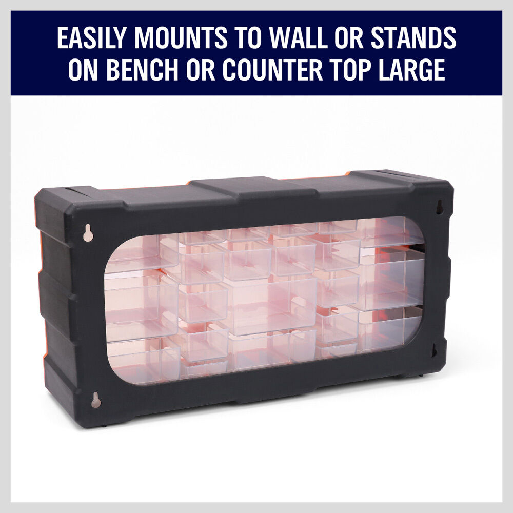 Durable 22-drawer plastic storage cabinet with versatile organization options for tools and supplies.