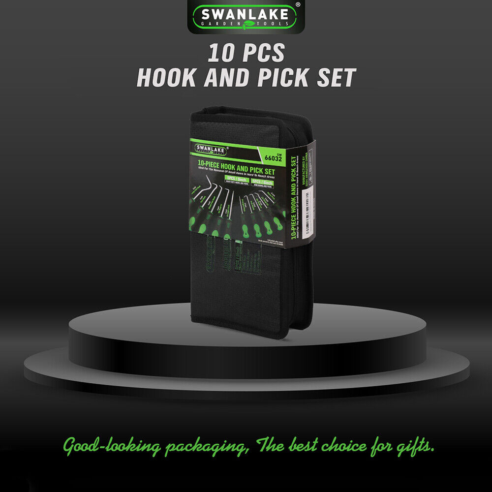 SWANLAKE 10-Piece Pick and Hook Set with CR-V Steel Shafts, Non-Slip Handles, and Storage Pouch for Automotive and Electronics Use