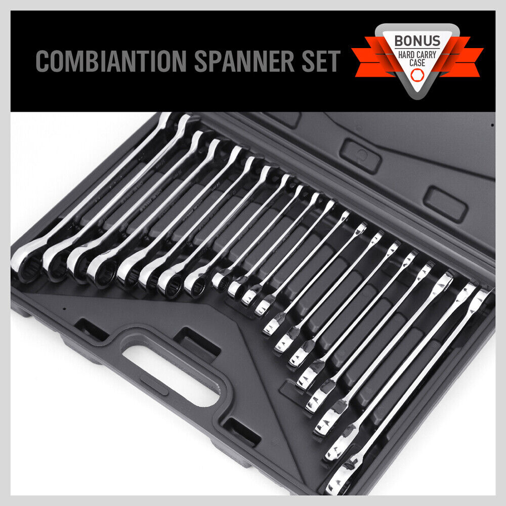 20-Piece Ratchet Spanner Set with Both Metric and Imperial Sizes, Chrome Vanadium Construction, Open End and Ring Wrenches