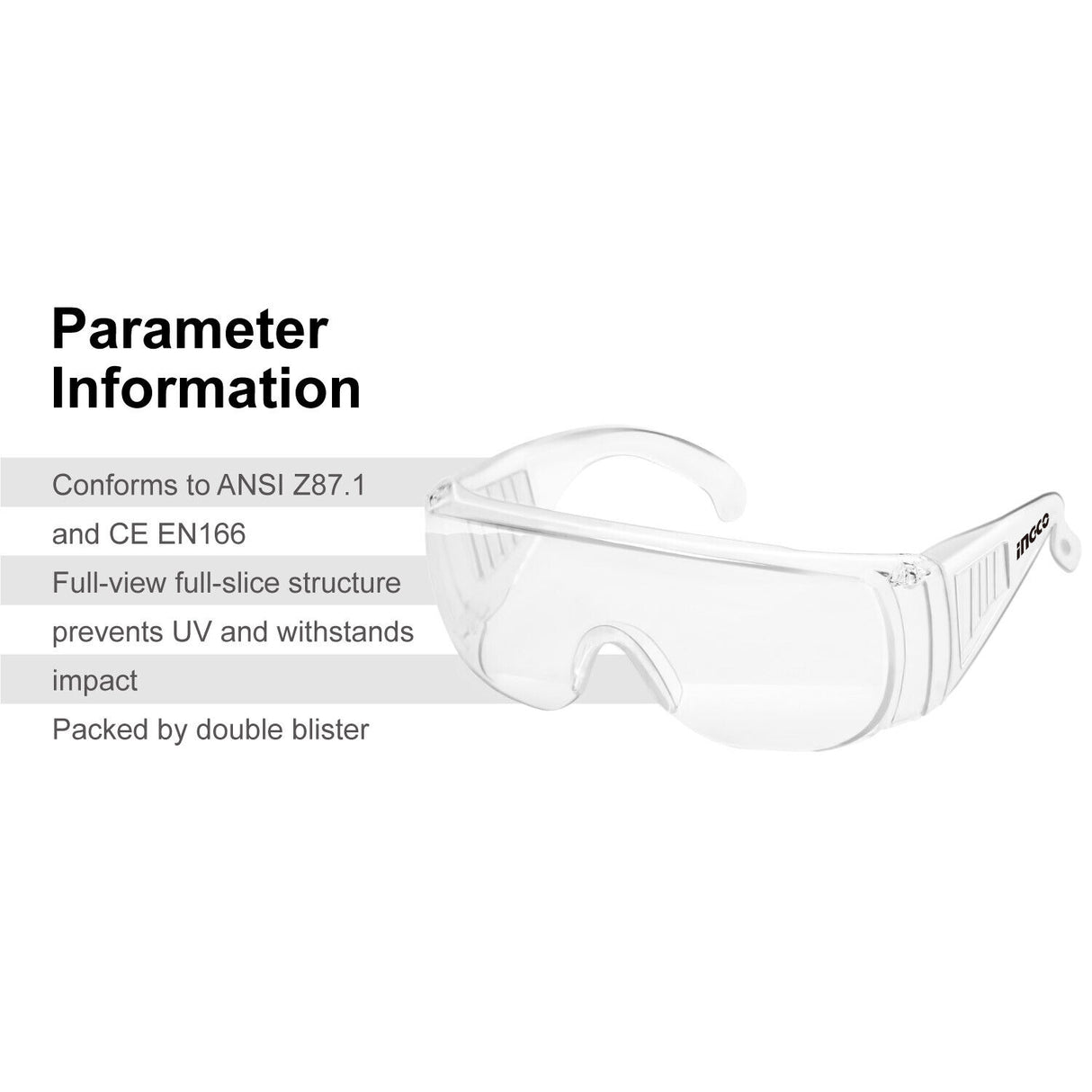 INGCO Safety Glasses for Work Protection - Dust Proof, Clear, UV Protection, Meets ANSI Z87.1 and CE EN166 Standards