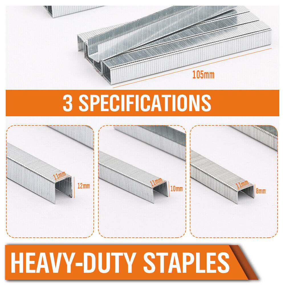 Pack of 2000 heavy-duty door-shaped staples for staple guns, in sizes 8mm, 10mm, and 12mm, suitable for stapler refills