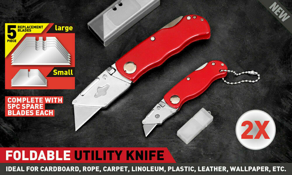 Two folding utility knives with aluminium handles and ten additional Stanley blades for crafts and DIY tasks.