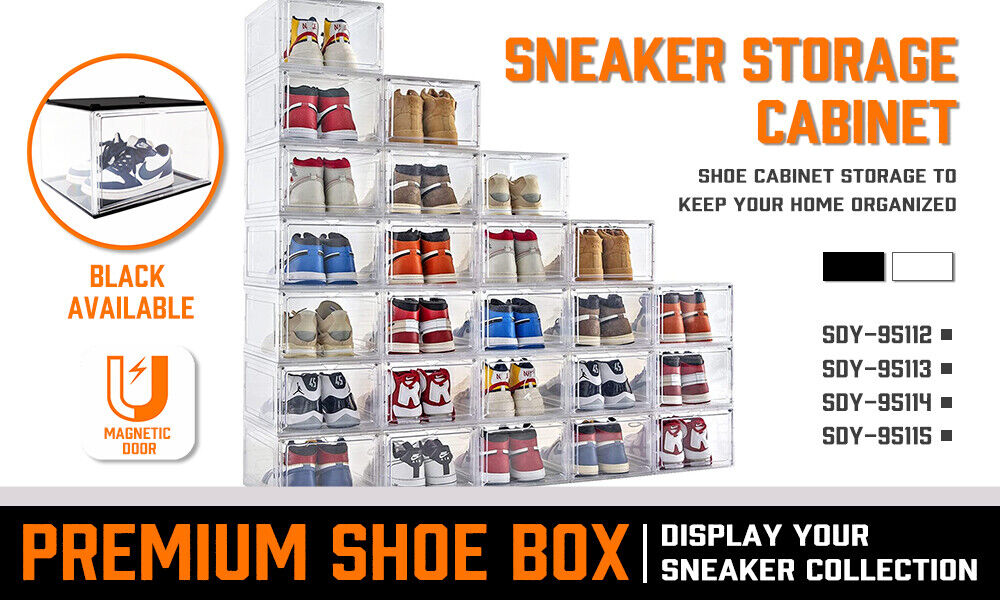 Premium Stackable Shoe Box - Transparent Display Storage Case with Magnetic Door, organized and protected shoe storage.