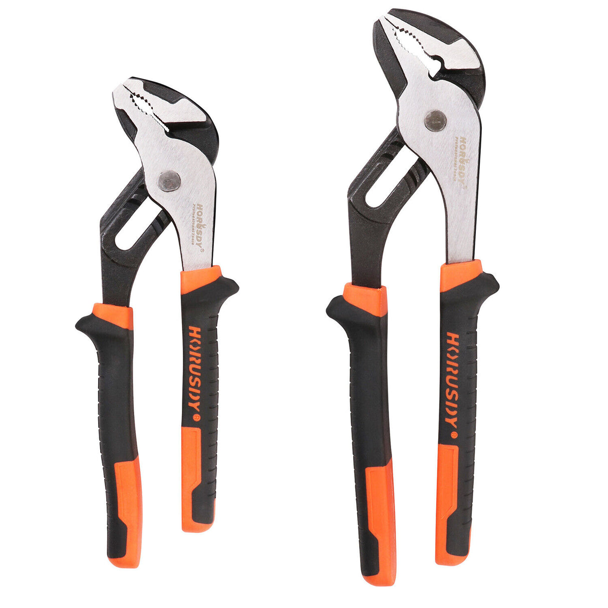 Two-piece set of Groove Joint Pliers featuring 8-inch and 10-inch sizes with non-slip heavy-duty grip.