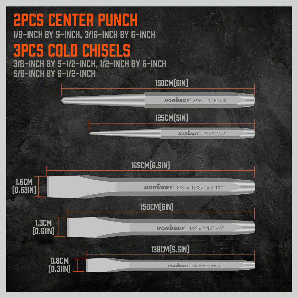 16-piece punch and chisel set including pin punches, tapered punches, cold chisels, center punches, and a gauge, all neatly rolled in a pouch
