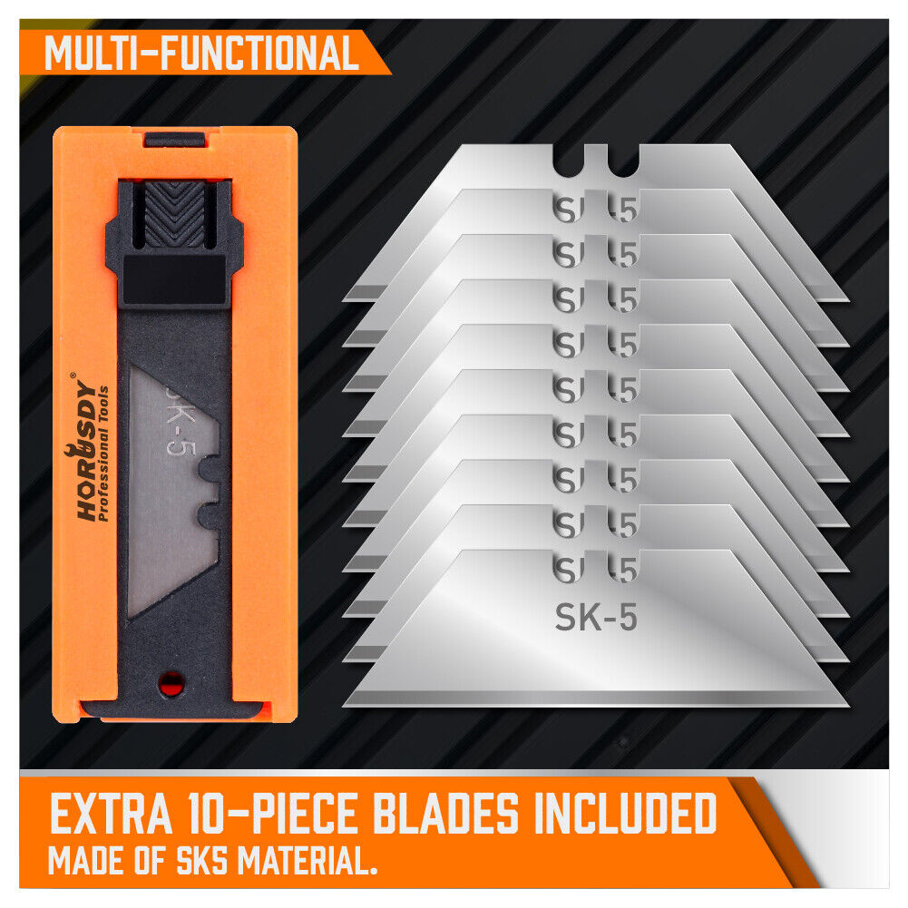Set of 4 utility knives with snap-off blades, featuring retractable grip handles and a pack of 10 spare blades. Ideal for daily use in cutting cardboard, paper, wires, PVC, and crafts