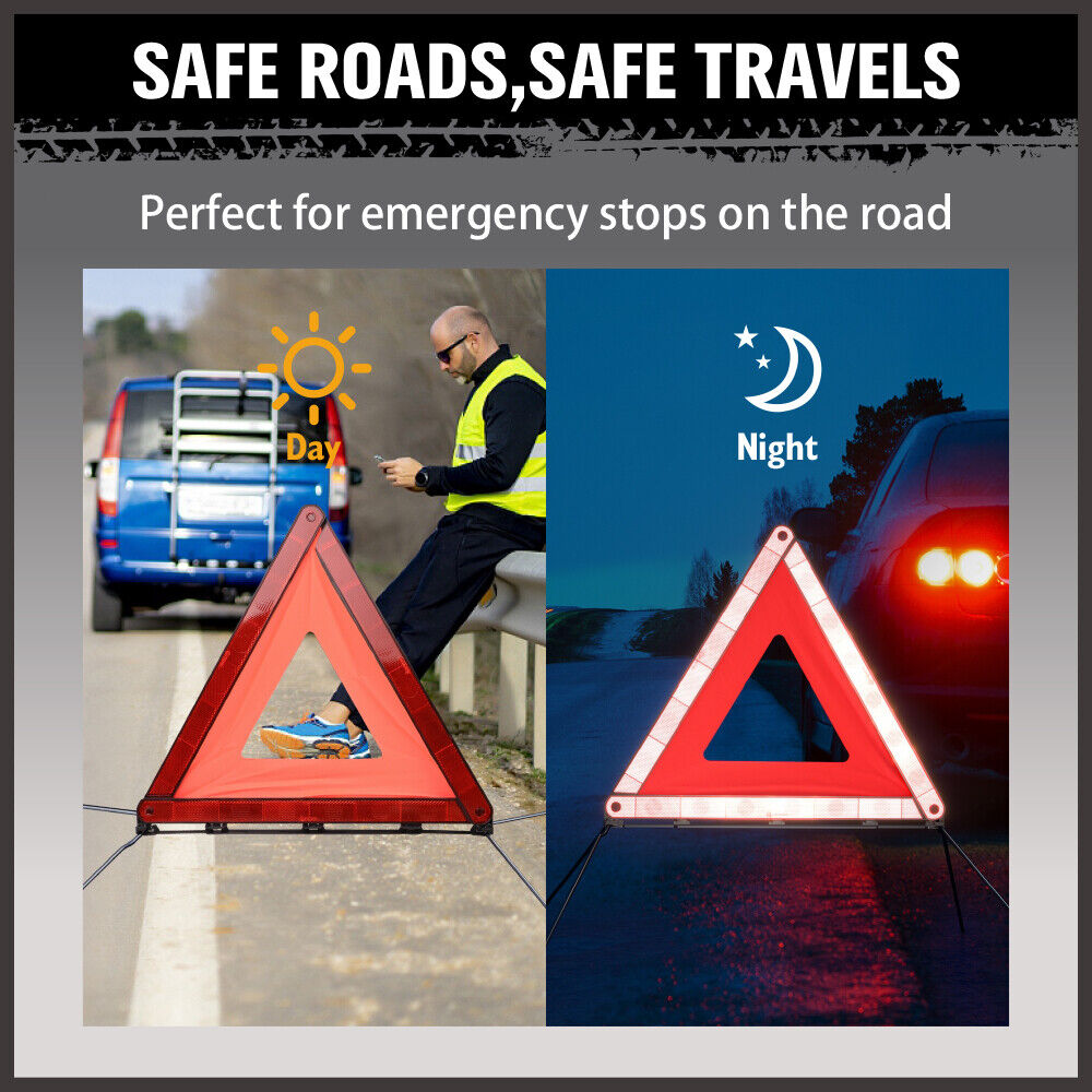 Set of 3 high-quality, durable emergency warning triangles with fluorescent orange frames and red acrylic reflectors, ideal for roadside safety.