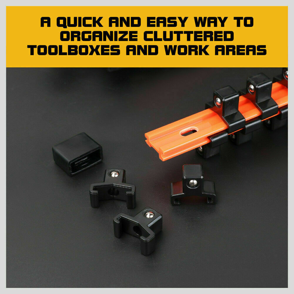 Color-coded 3Pc Socket Holder Set for 1/4", 3/8", 1/2" drives with ABS plastic clips for tool organization.