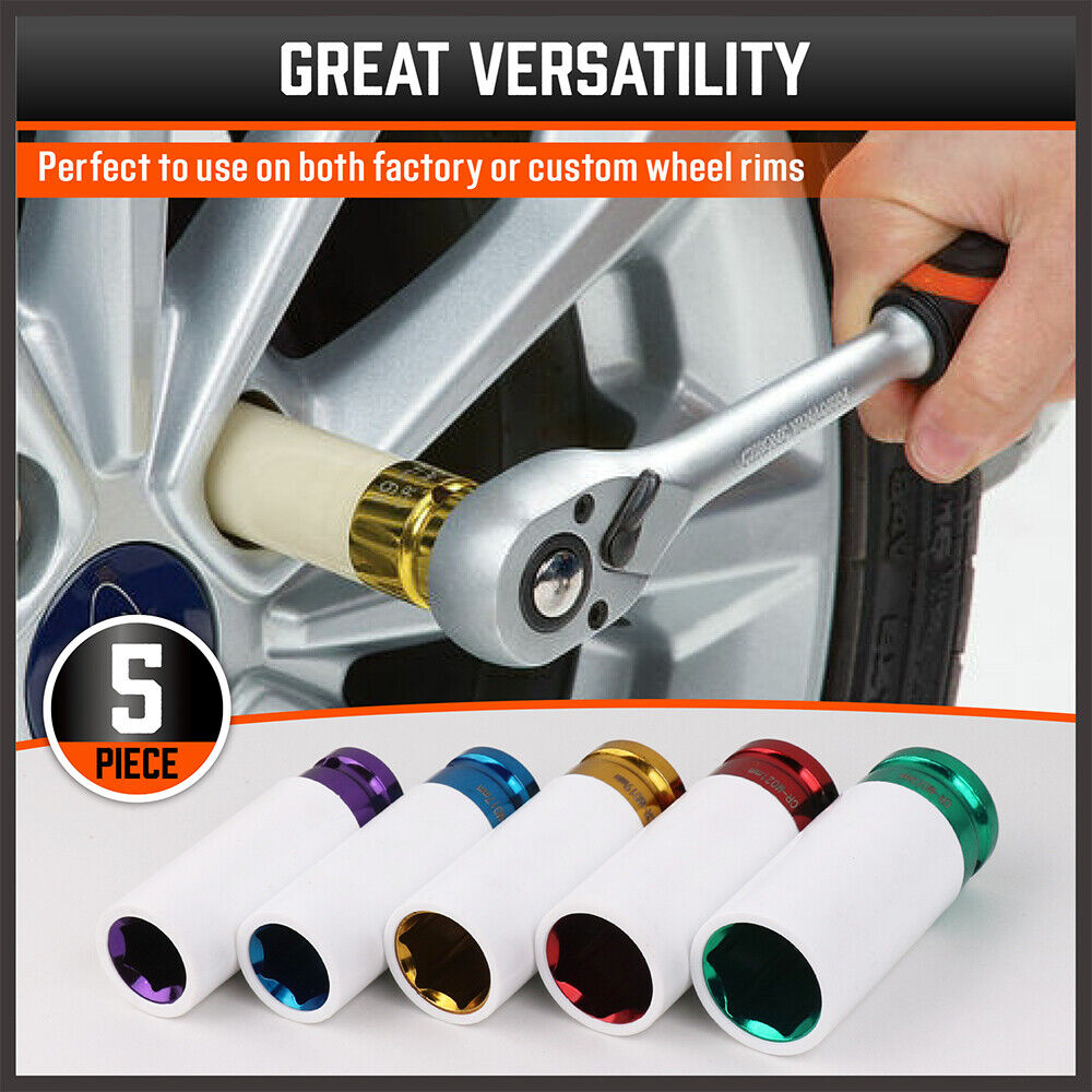 HORUSDY 5-Piece Impact Socket Set - Includes 15, 17, 19, 21, 22mm Sockets with 1/2 Inch Drive and Protective Nylon Sleeves for Alloy Wheels, in Color-Coded Design