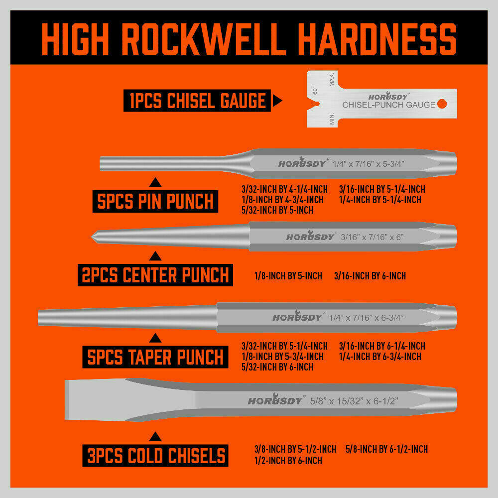 16-piece punch and chisel set including pin punches, tapered punches, cold chisels, center punches, and a gauge, all neatly rolled in a pouch
