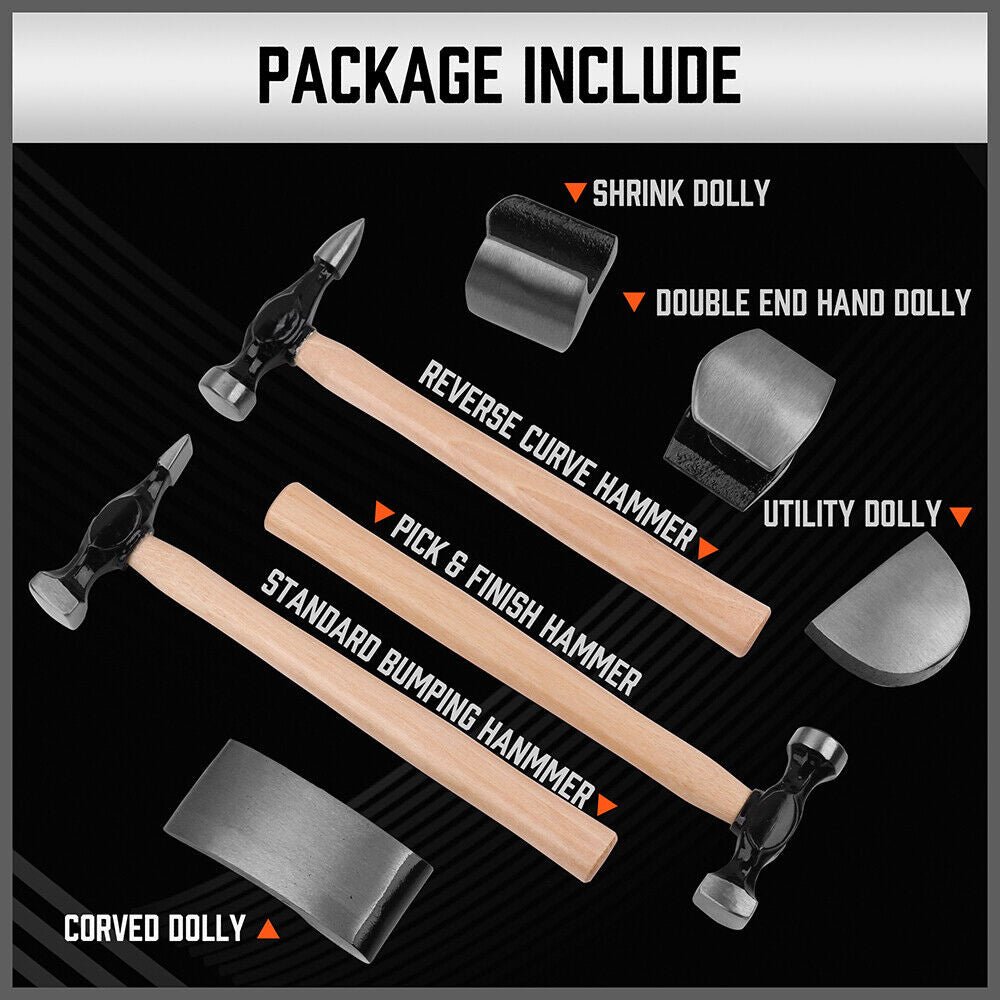 Comprehensive 7-Piece Auto Body Repair Kit - Includes Hammers and Dollies for Panel Beating, Dent, and Ding Repair