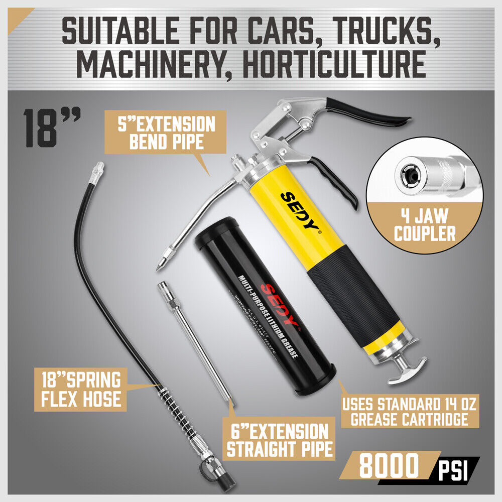 Durable 18-inch grease gun with a pistol grip, flexible hose, and an 8000 PSI pressure capacity, including a 14 oz grease cartridge and nozzles