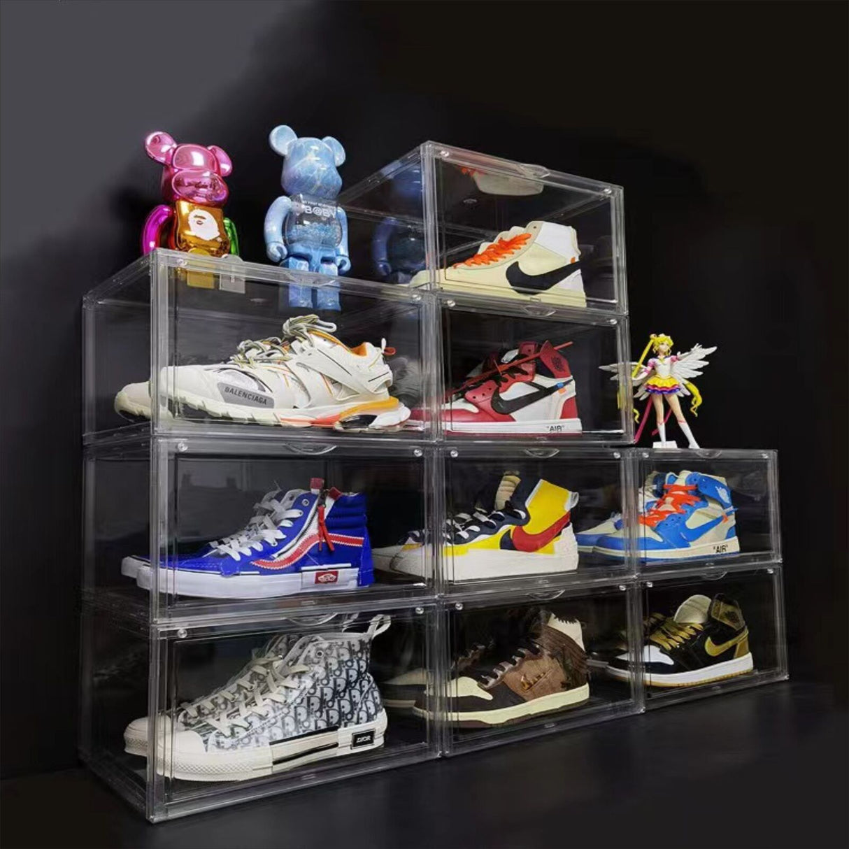 Premium Stackable Shoe Box - Transparent Display Storage Case with Magnetic Door, organized and protected shoe storage.