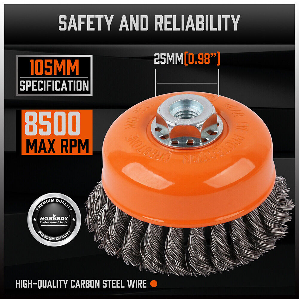 4-inch heavy-duty steel wire wheel cup brush for rust removal and surface preparation, compatible with M14 angle grinders