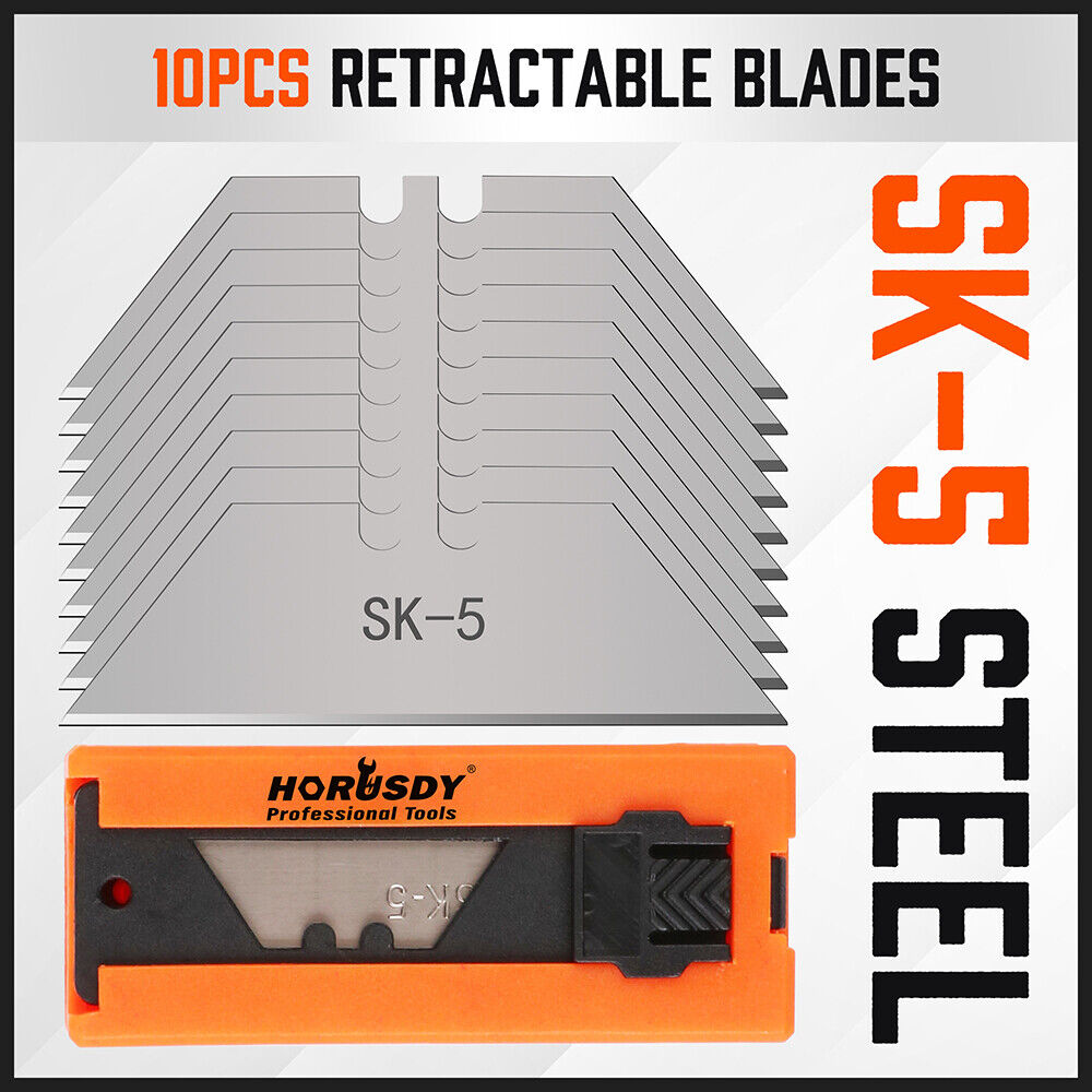 Set of four folding utility knives in Black, Blue, Orange, and Pink colors, featuring quick-change mechanism and back-lock mechanism, ideal for DIY projects, cutting cardboard, carpet, and more. The set includes 10 extra SK5 material blades and a convenient storage carry bag