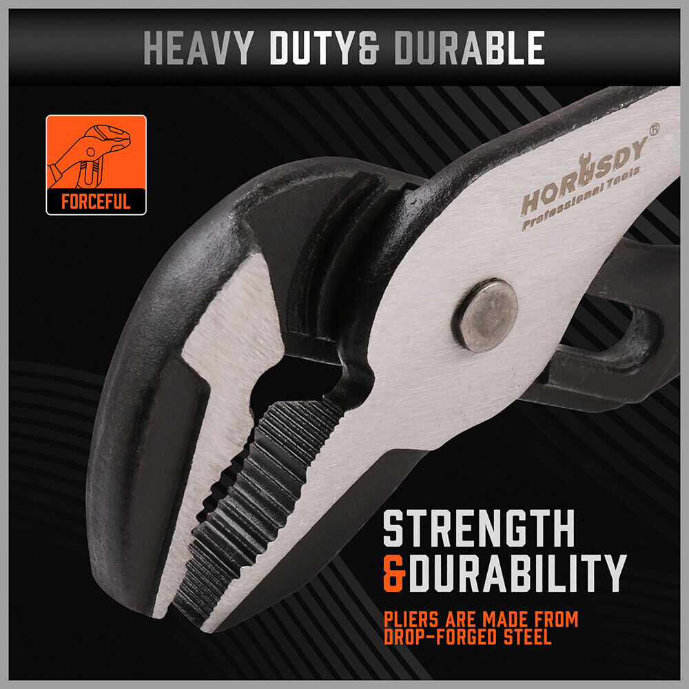 Two-piece set of Groove Joint Pliers featuring 8-inch and 10-inch sizes with non-slip heavy-duty grip.