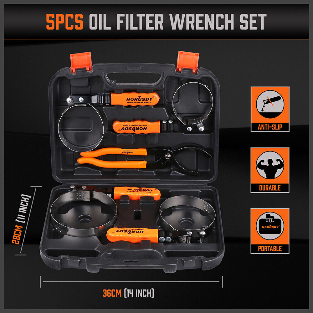 Comprehensive 5-Piece Oil Filter Wrench Set with Swivel Grip - Chrome Vanadium Steel for Durability and Rubber Handles for Comfort