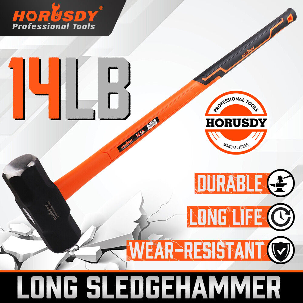 HORUSDY 14LB Steel Hammer, Double Octagonal Head, Impact-Resistant with Gripped Fiber Glass Rubber Handle for Stability