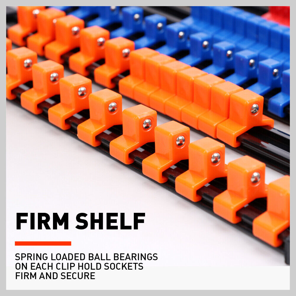 6Pc Socket Storage Rail Rack Organizer in Red, Blue, Orange - Mountable with Sliding Clips for 1/4", 3/8", 1/2" Drives