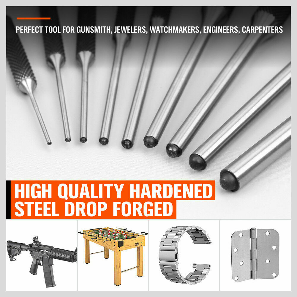 Durable 9-Piece Roll Pin Punch Set for Gunsmiths, Jewelers, and Carpenters - Includes Various Sized Punches and Canvas Pouch