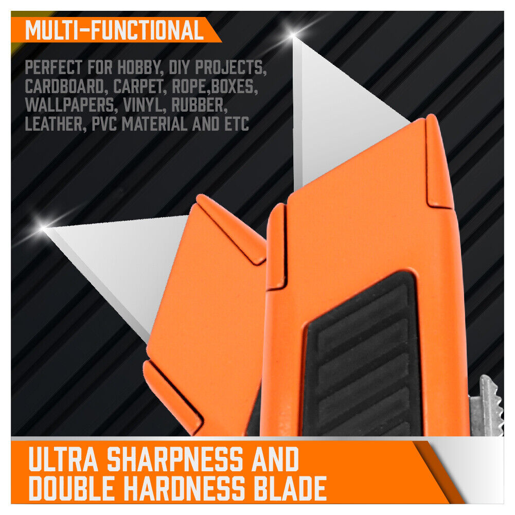 Set of 4 utility knives with snap-off blades, featuring retractable grip handles and a pack of 10 spare blades. Ideal for daily use in cutting cardboard, paper, wires, PVC, and crafts