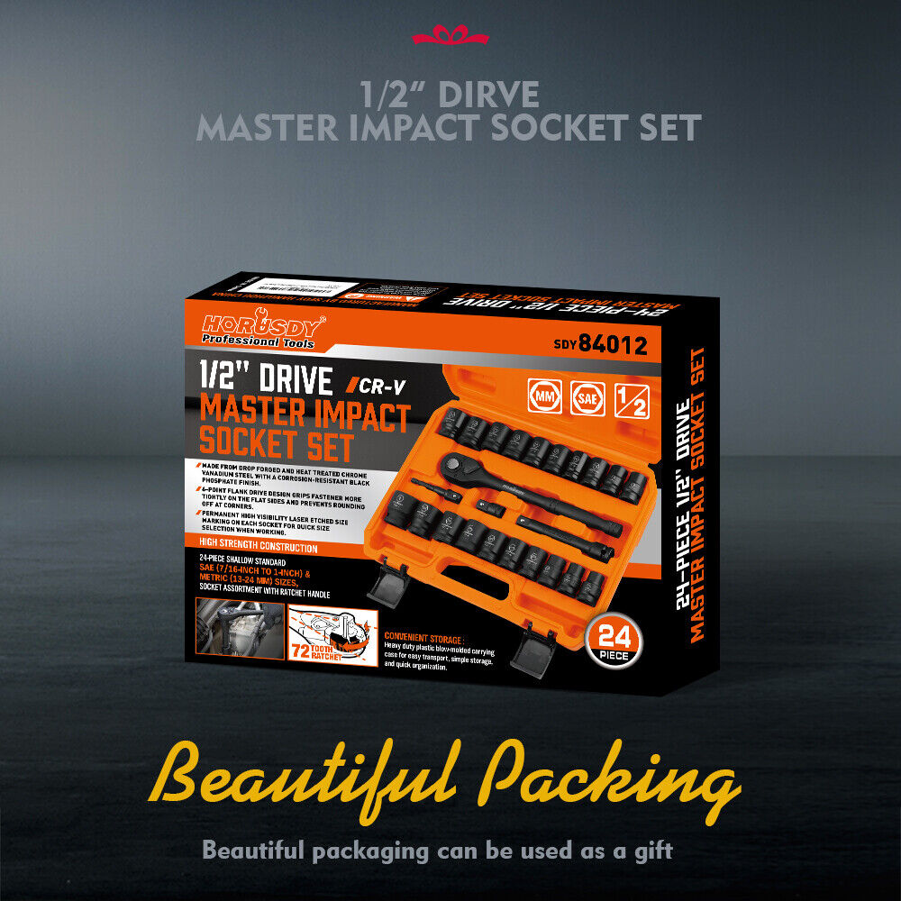 HORUSDY 24-Piece 1/2" Drive Impact Socket Set, Including SAE and Metric Sizes with Ratchet Handle and Extension Bar, Ideal for Diverse Applications