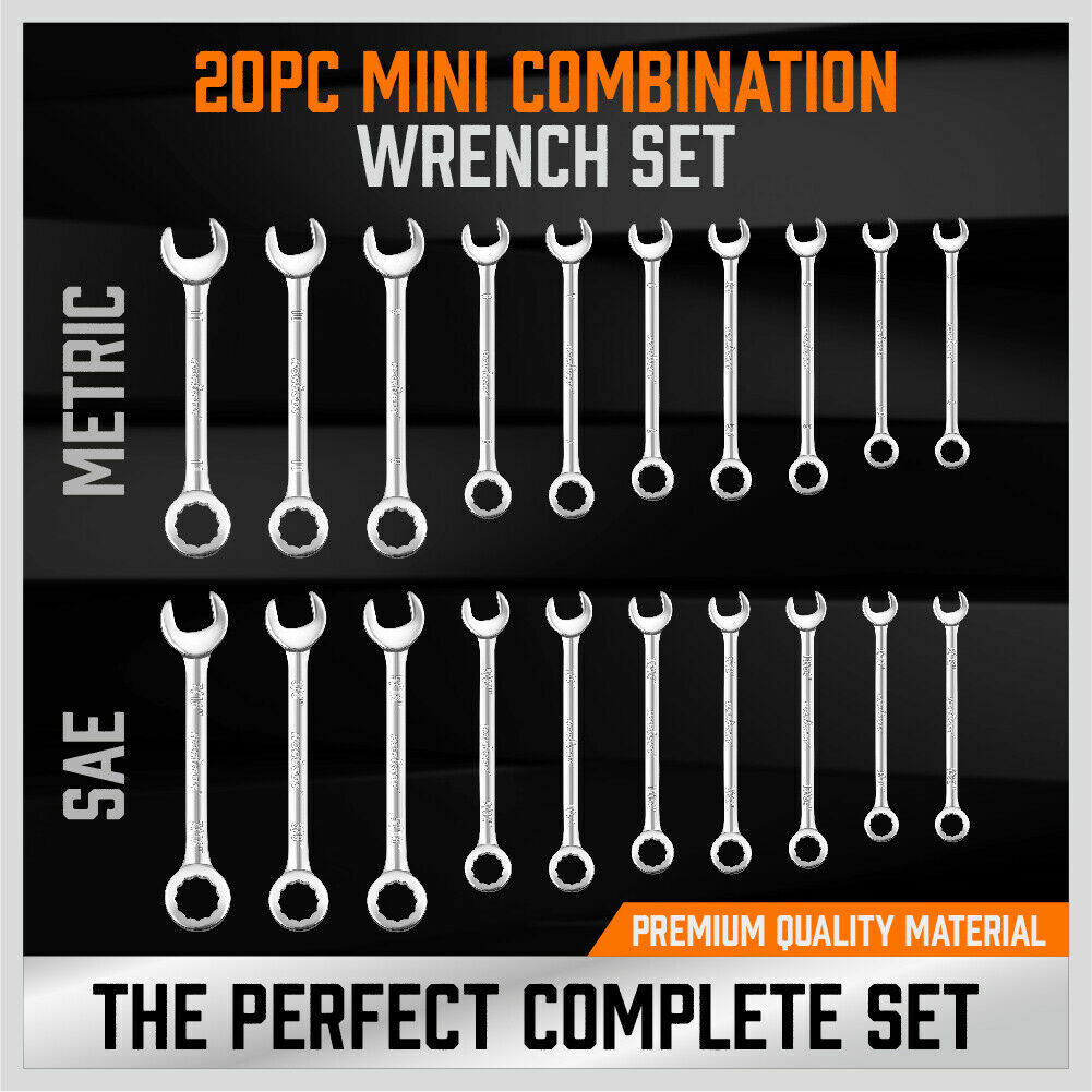 20-Piece Compact Mini Spanner Set including Metric and SAE Stubby Combination Wrenches with Open and Ring Ends