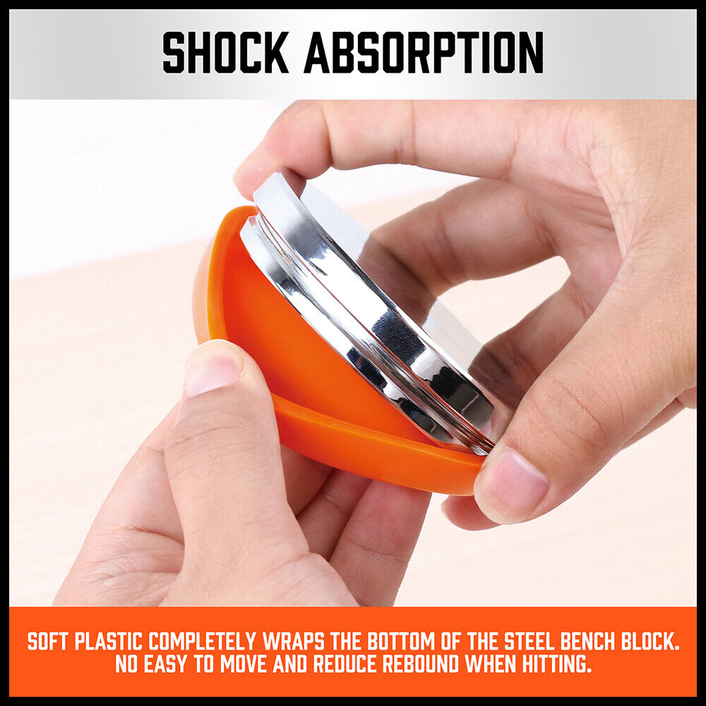 Round 3-inch steel bench block with mirror polish and soft base for jewelry stamping, including two punches.