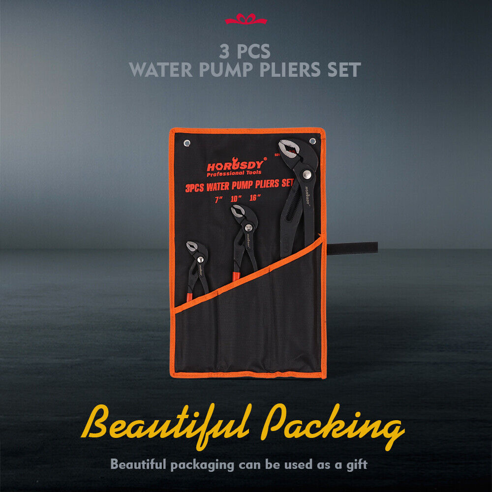 HORUSDY 3-Piece Water Pump Pliers Set with Slip Groove Joints, featuring 7", 10", and 16" Sizes, High-Polish Heads, Dipped Handles, and Storage Bag